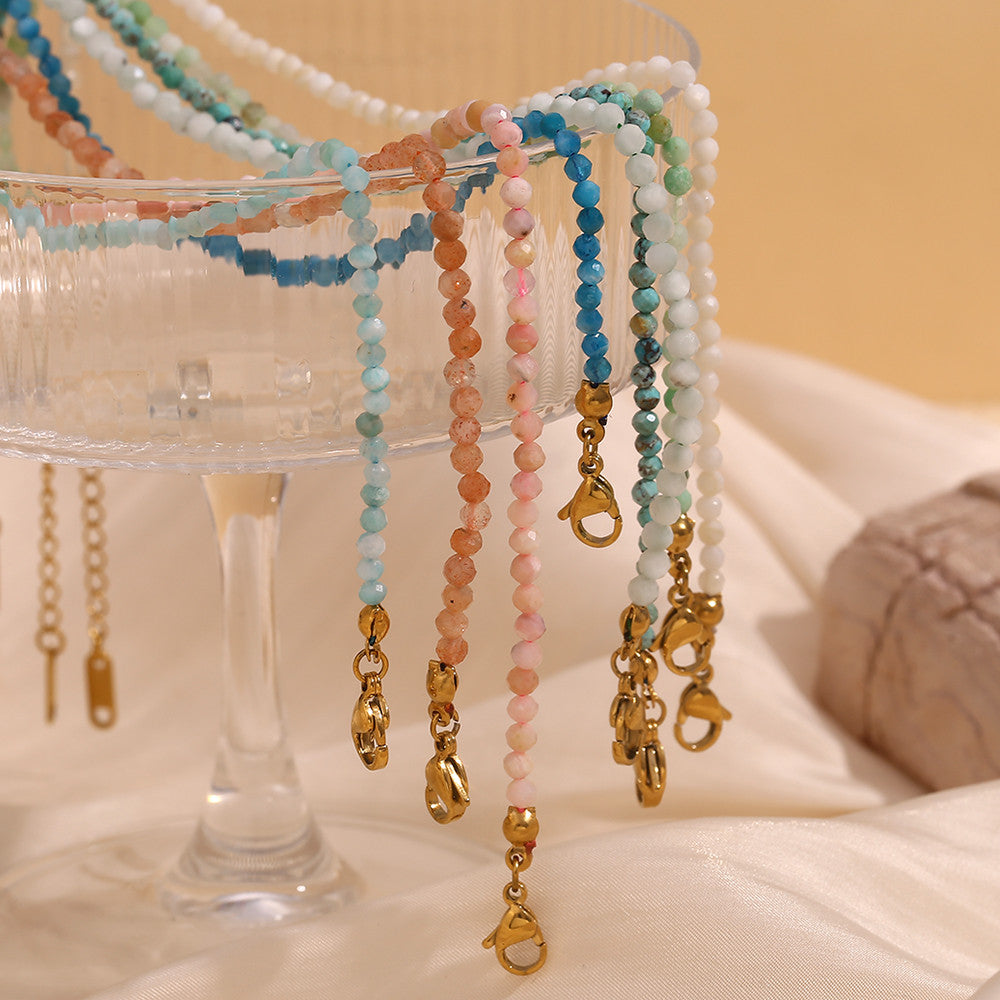 Stainless Steel Colorful Natural Stone Amazonite Round Beads 18k Gold Bracelets