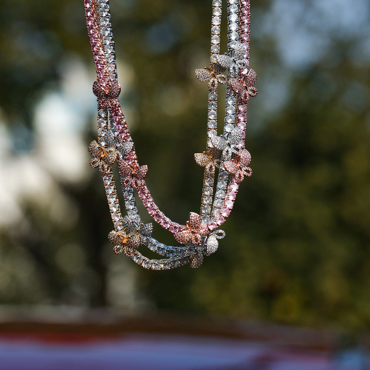 Ladies Hip Hop Fashion 5A Stone 24k Gold 925 Silver Butterfly Chain Necklace