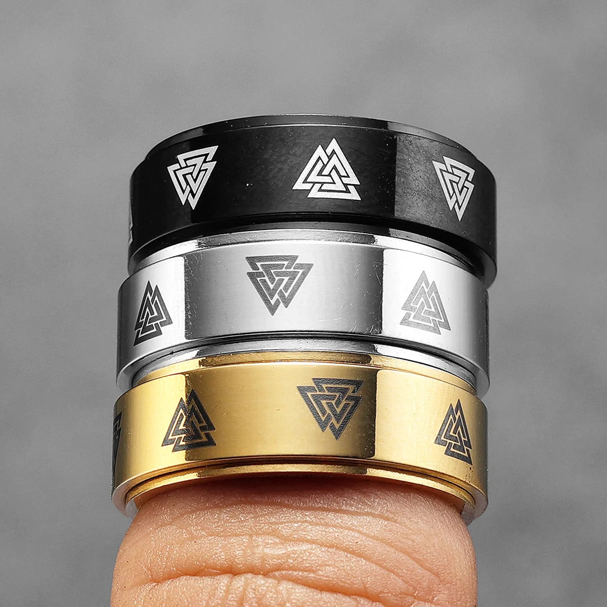 Odin's Triangle | 14k Gold Black Silver Rotating  Spinner Men Mythical Rings