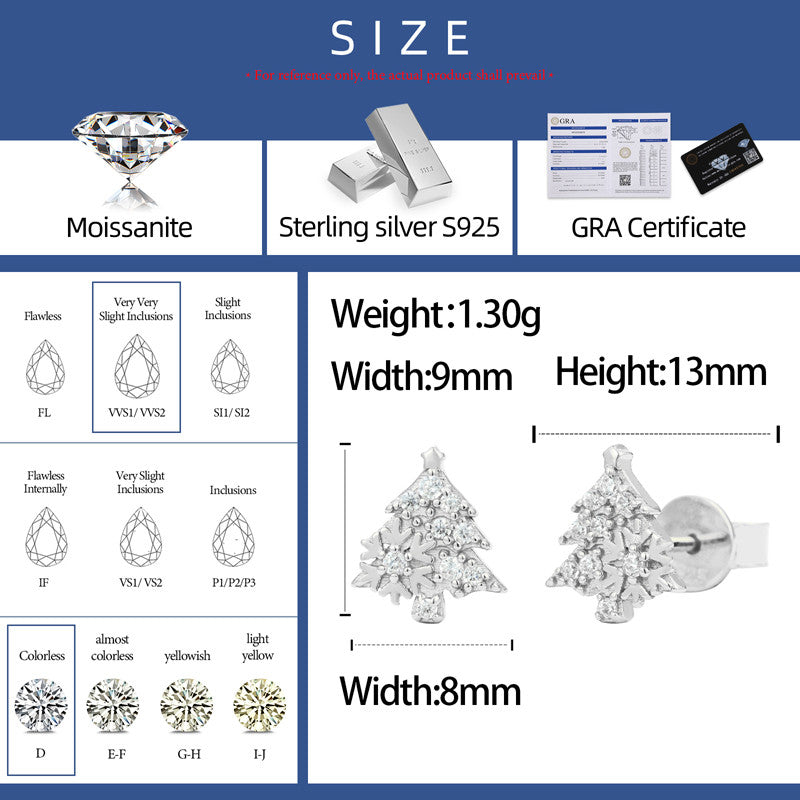 Christmas Tree Snow Flake Festive Holiday Moissanite Diamond Sterling Silver Party Stud Earrings