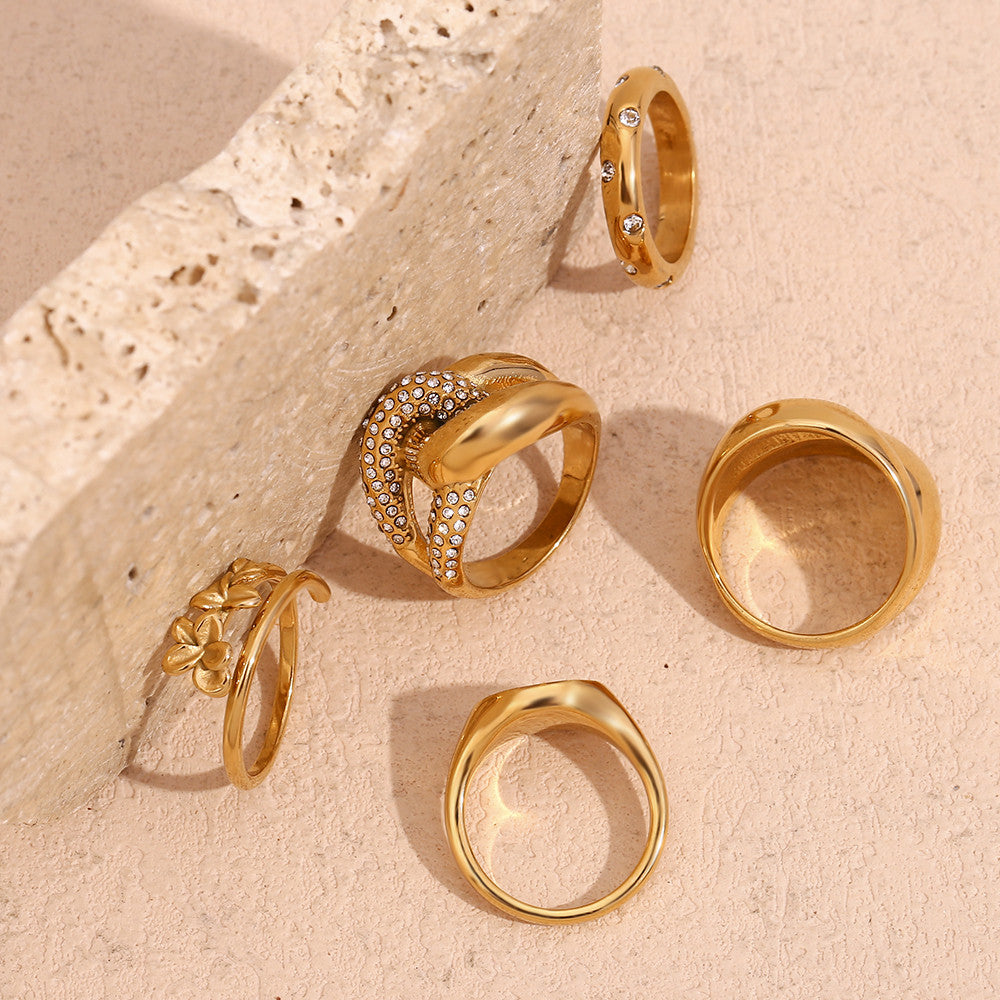 Women's 18k Gold Waterproof Double Layered Three Flower Round Cross Ring