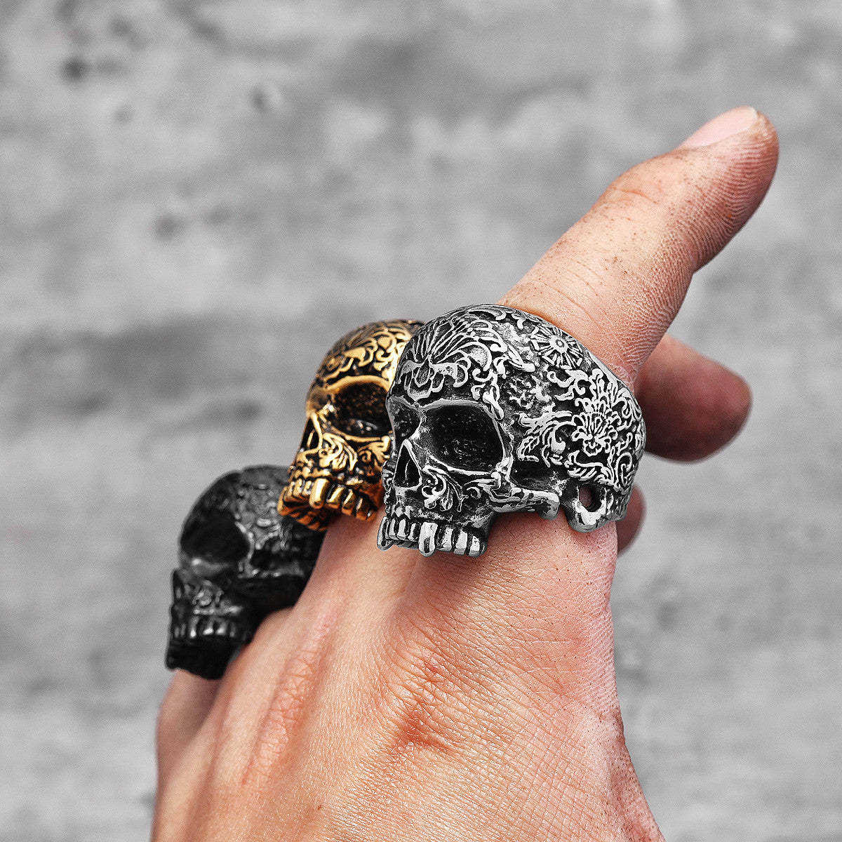 Mens Vintage Vampire 316L Stainless Steel Street Wear Carved Skull Rings