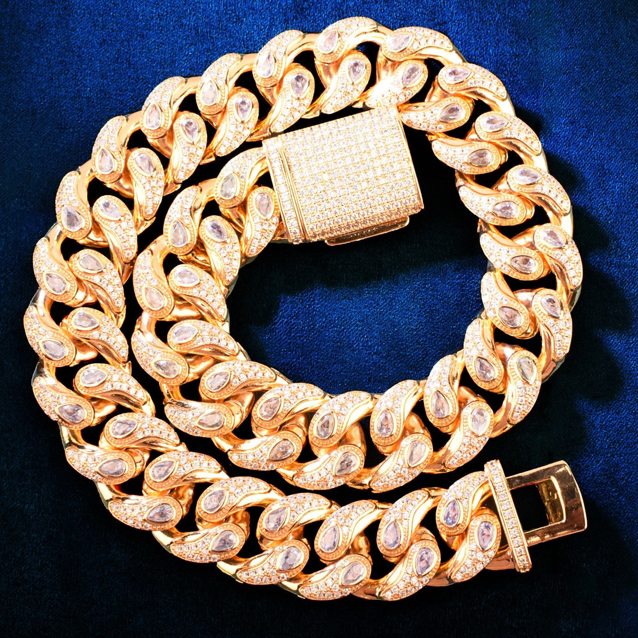 Mens 20mm Clear Gemstone Tattoo Tears Hip Hop Cuban Link Blinged Out Chain Necklace