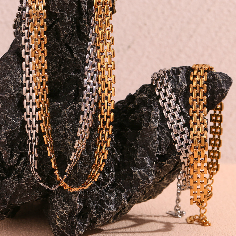 Ladies Silver 18k Gold Stainless Steel Waterproof Watch Bracelet Chain Necklace Set