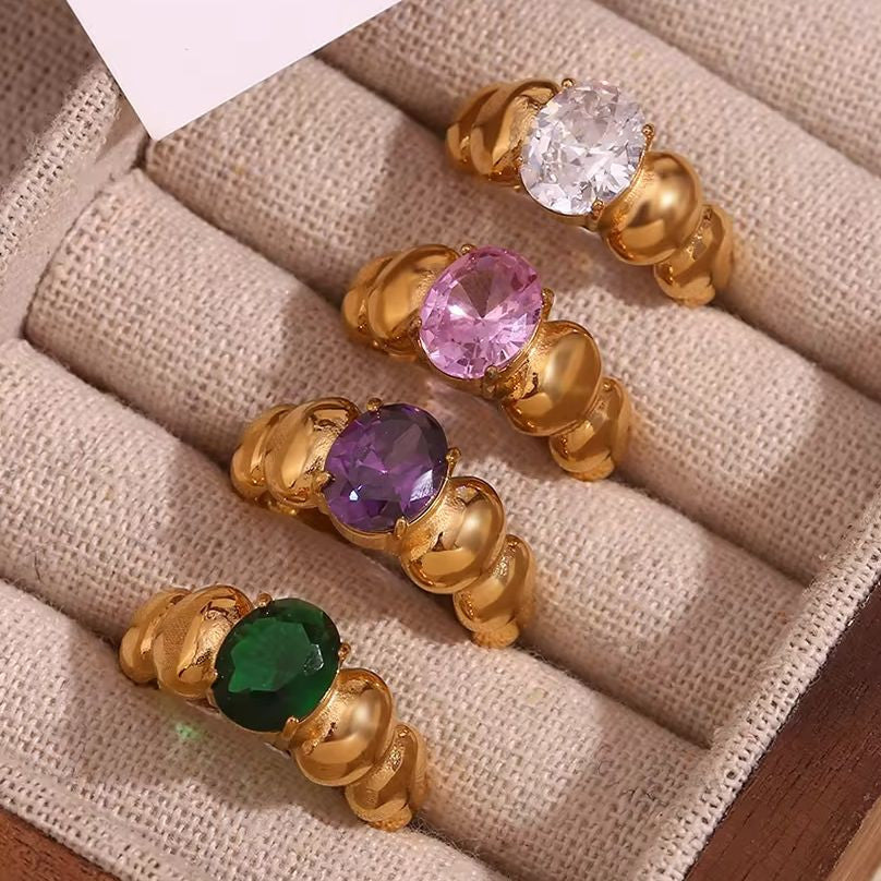 Ladies 18k Gold 316L No Fade Stainless Steel CZ Stone Round Bubble Rings