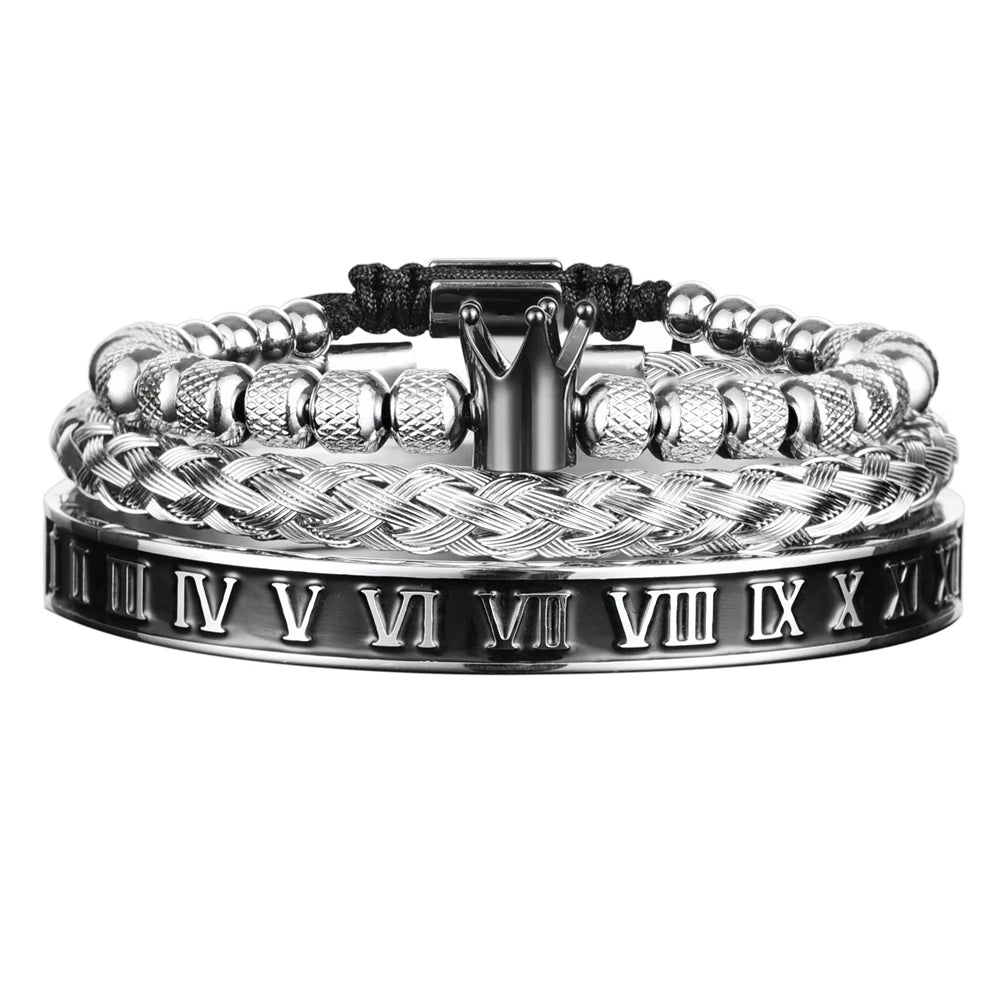 Smooth Luxury | Roman Numeral Kings Crown Stainless Steel 3 Piece Bracelet Set