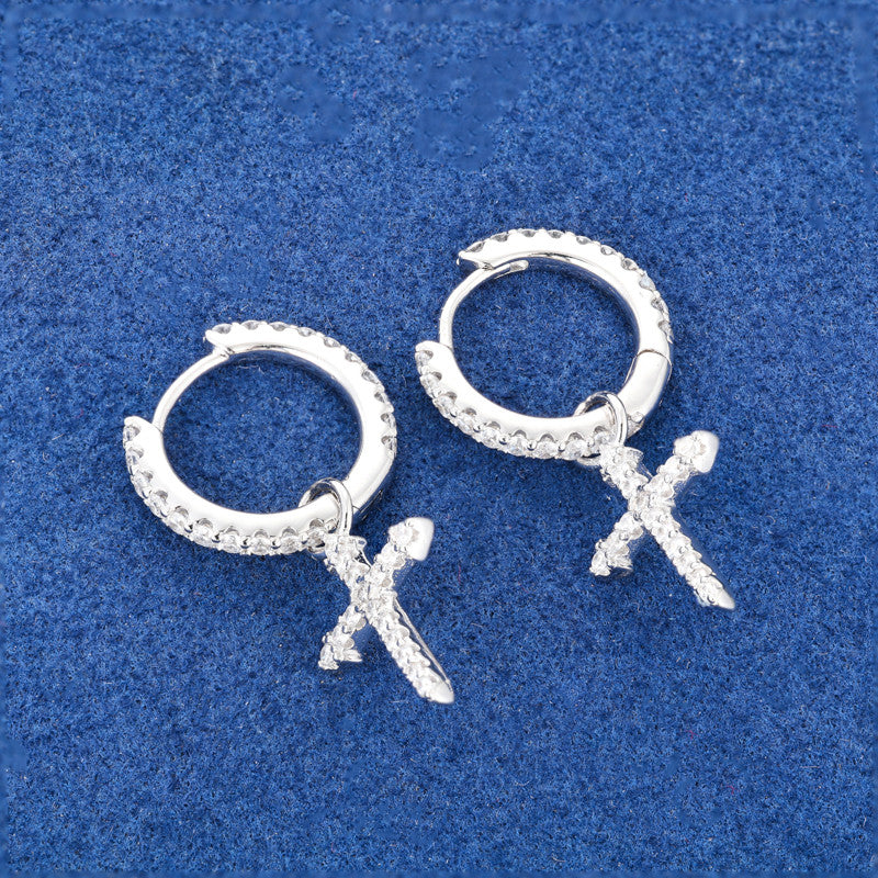 Crossed Huggie | Solid Sterling Silver VVS Diamond CZ Stone Cross Hoop Hip Hop Earrings