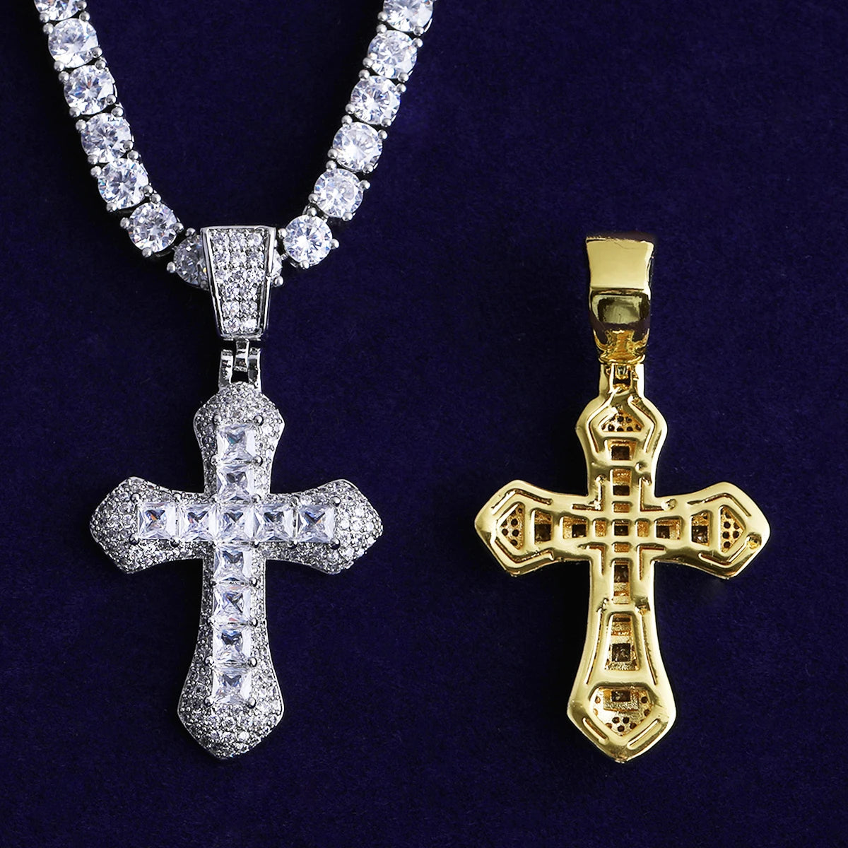 Fossil Cross | Iced Blinged Out Prong Set Princess Cut Stone Hip Hop Cross Pendant