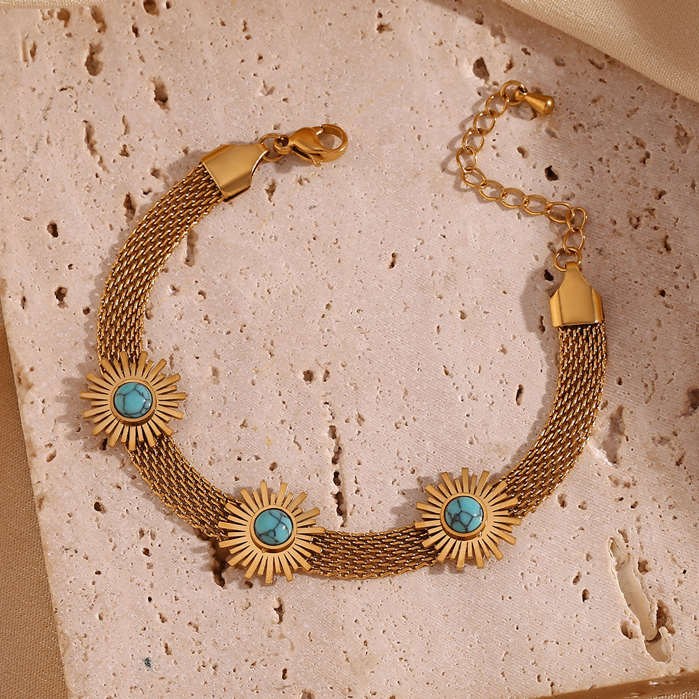 18k Gold Solid Stainless Steel Waterproof Blue Turquoise Sunflower Woven Mesh Chain Bracelet