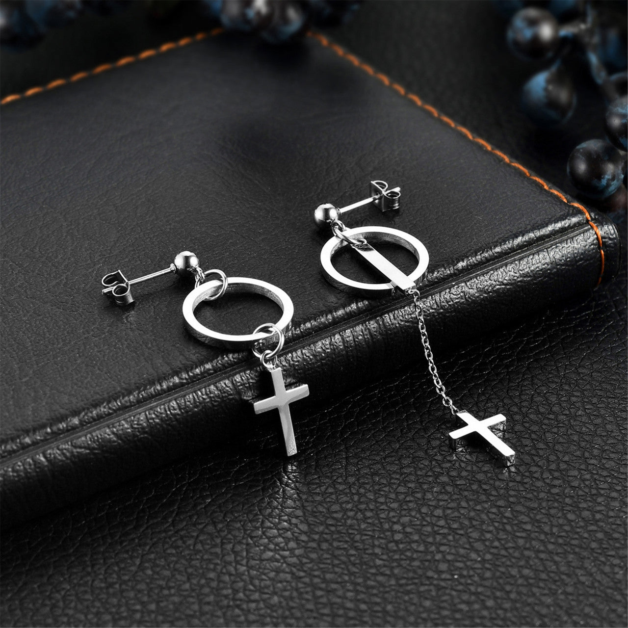 Ladies No Fade Stainless Steel Cross Circle Dangling Earrings