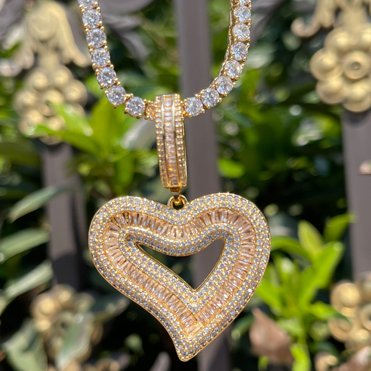 Love's Embrace | Gold Silver Rose Open Heart Of Love Iced Baguette Pendant