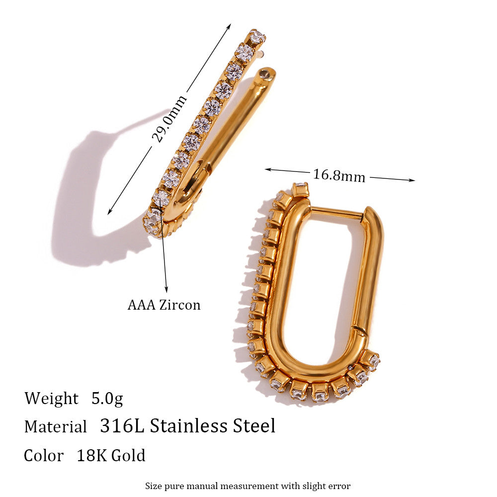18K Gold Waterproof Stainless Steel Clip Shaped Cubic Zirconia Side Paved Hoop Earrings