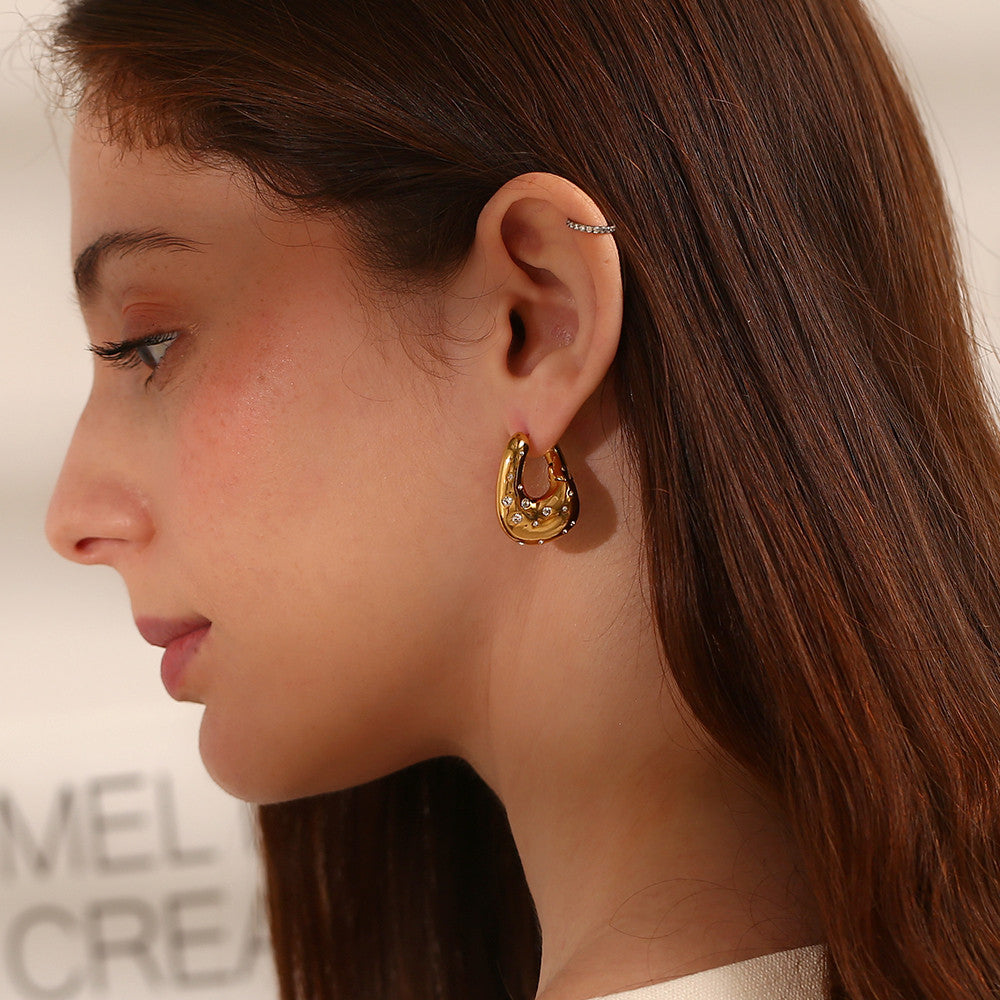 Ladies Waterproof 18k Gold Irregular Twisted Rhinestone Starry Stainless Steel Earrings