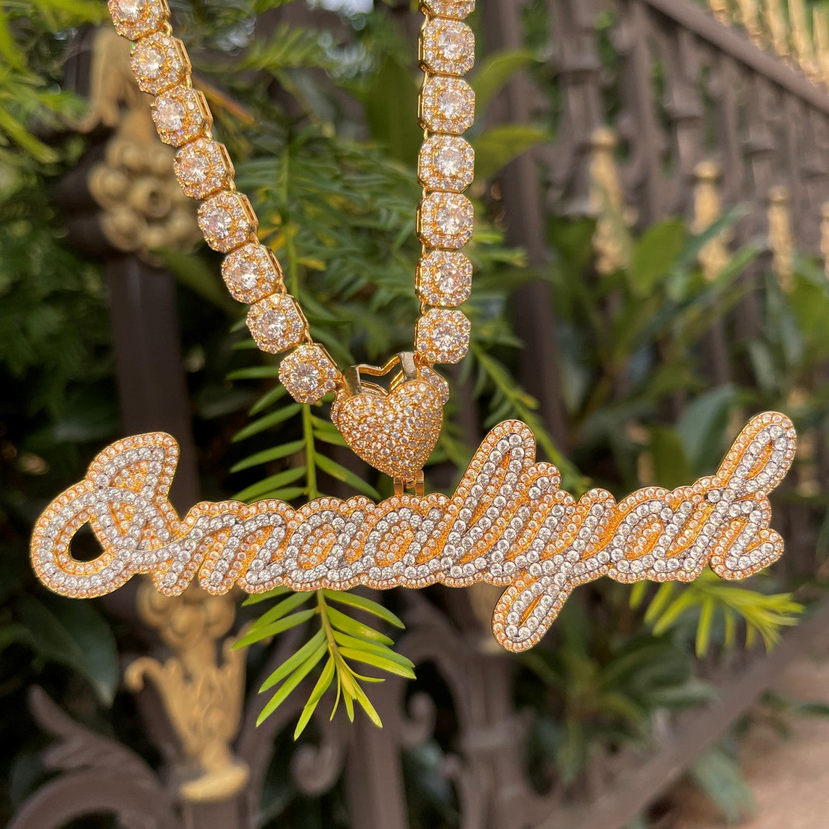 Heartfelt Elegance | Cursive letter Custer Stone Nameplate Custom Made Necklace