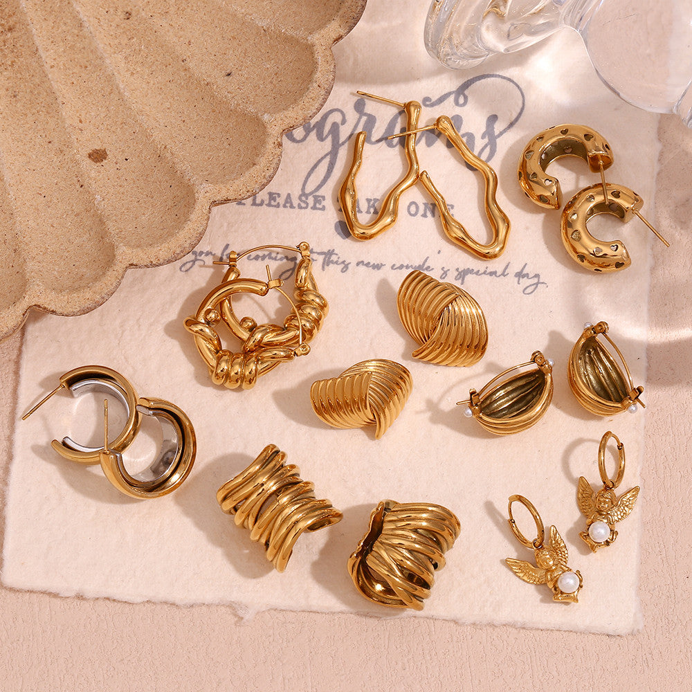 18k Gold Wrap Classic Circular Wave V-shaped Multi Layer Stainless Steel Earrings