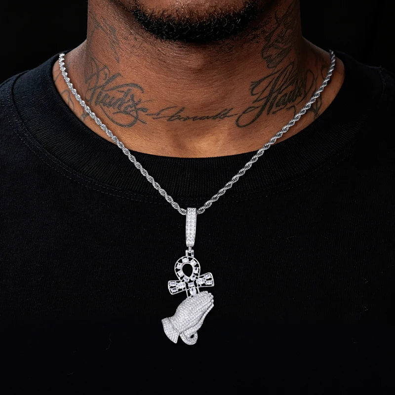 OG Praying Hands | Ancient African Moissanite Diamond Original Ankh Cross Prayer Hand Pendant