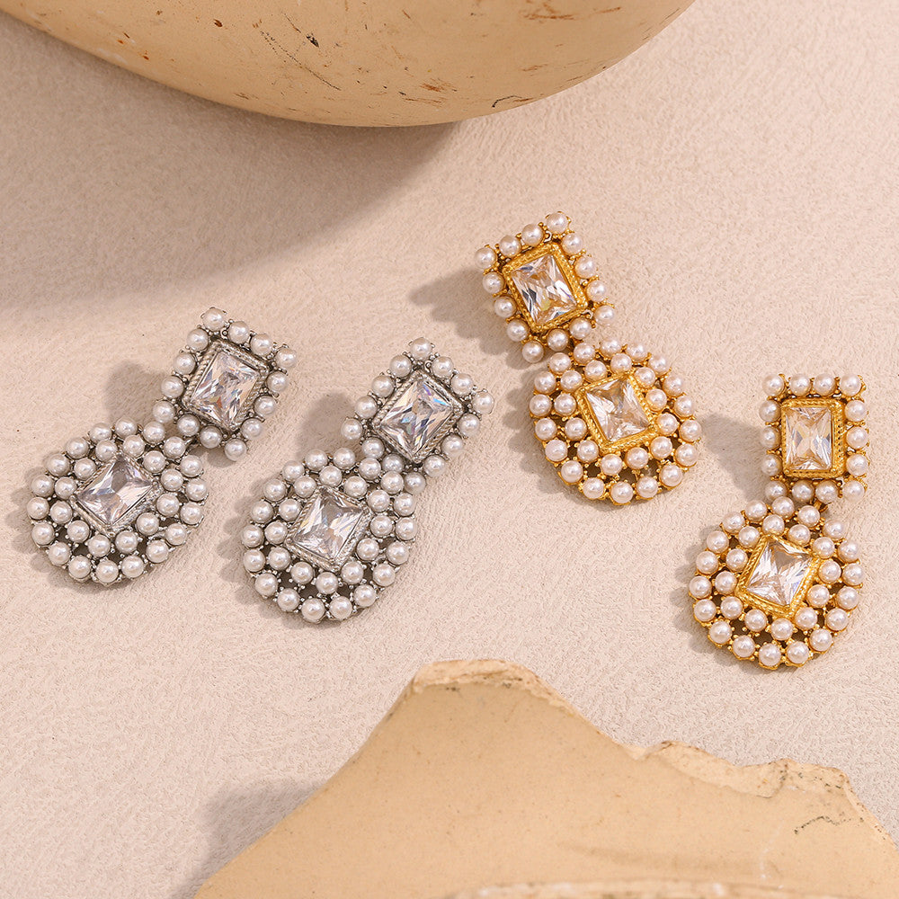 Ladies 18K Gold Waterproof Stainless Steel Luxury Square Zircon Full Pearl Stud Earrings