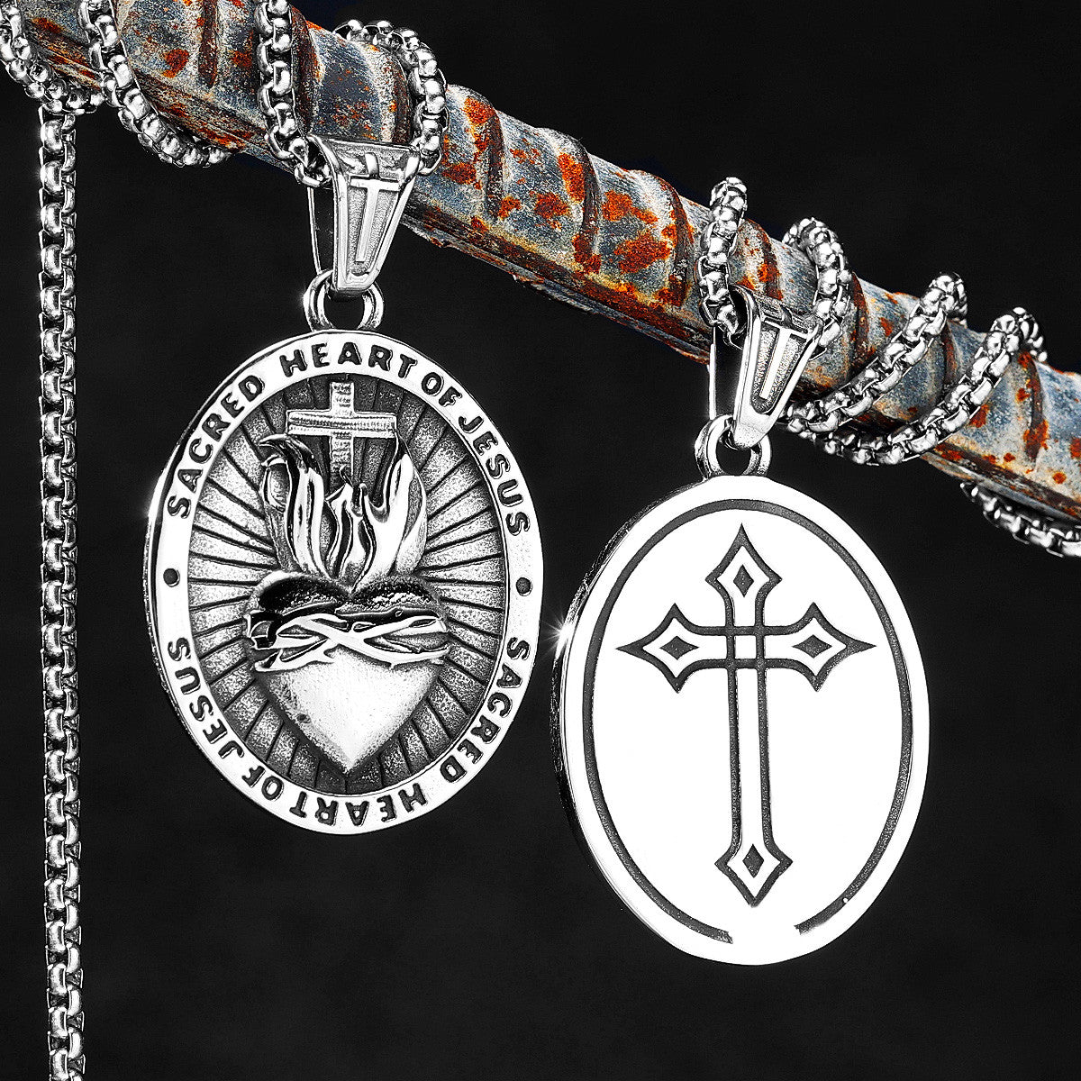 Sacred Heart of Jesus | Stainless Steel Fire Heart Spiritual Street Wear Cross Pendant
