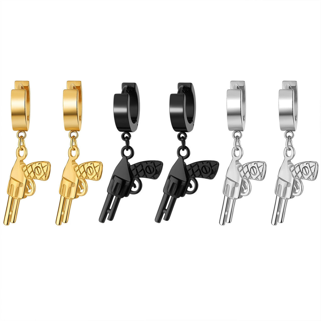 14k Gold Silver Black Over No Fade Stainless Steel Pistol Gun Hip Hop Huggie Earrings