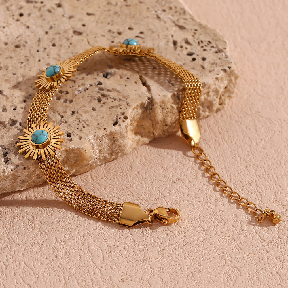 18k Gold Solid Stainless Steel Waterproof Blue Turquoise Sunflower Woven Mesh Chain Bracelet