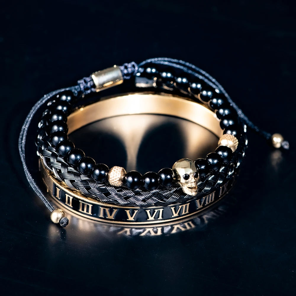 Imperial Force | Luxury Kings Crown 18k Gold Black Stainless Steel Bracelet 3 Piece Set