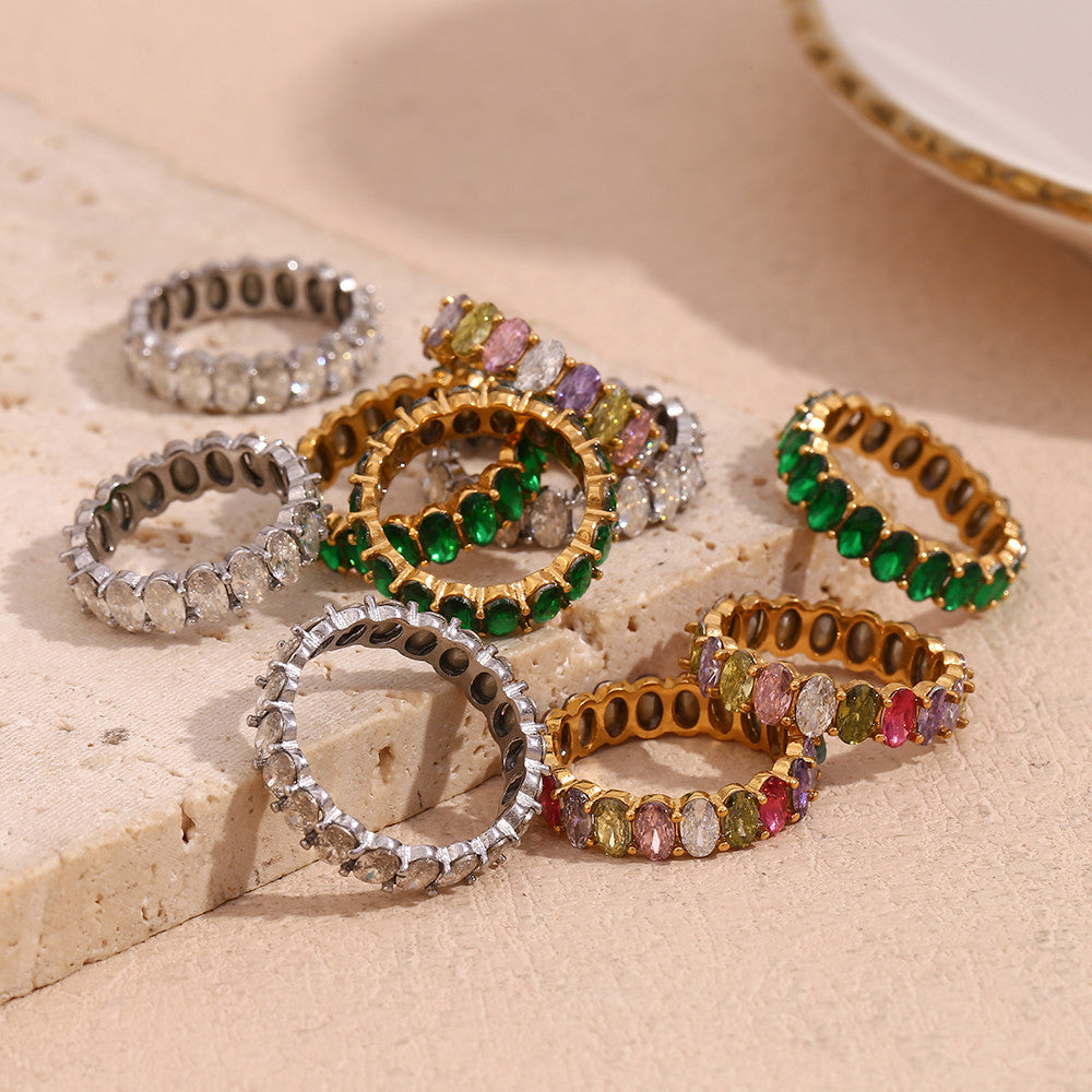 18k Gold Waterproof CZ Stainless Steel Wedding Party Oval Shape Zircon Rings