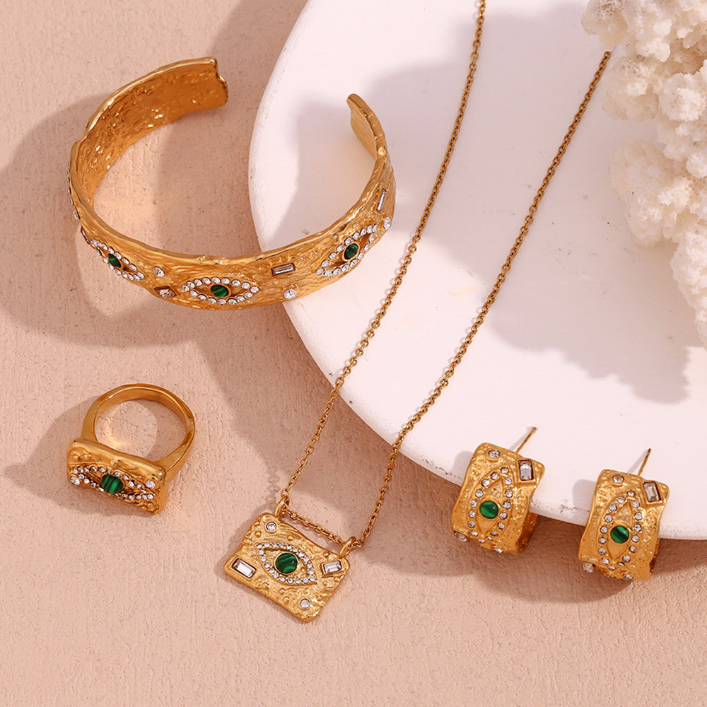 18k Gold Waterproof Malachite Eye CZ Open Bracelet Stainless Steel Ring Bracelet Jewelry Set