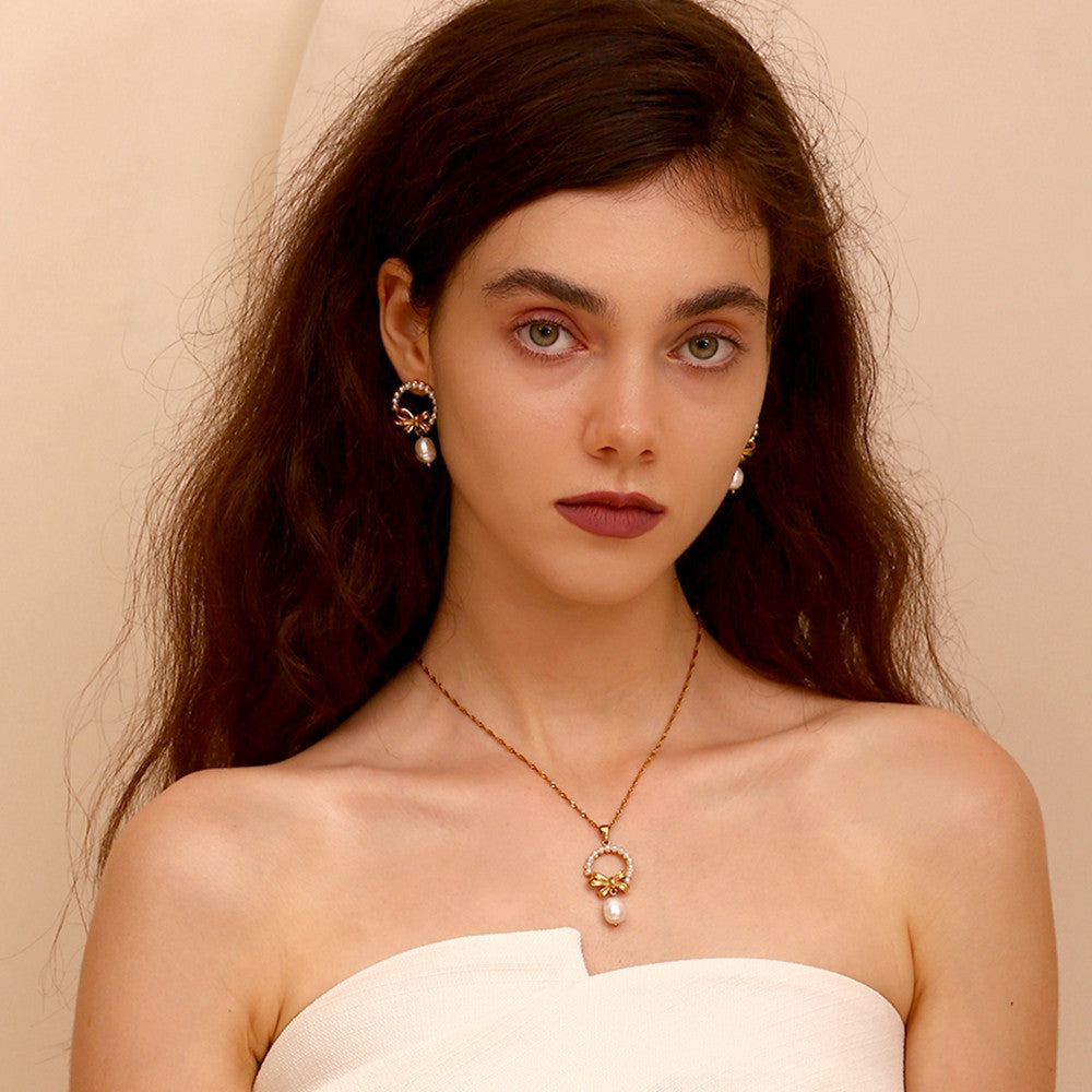 18k Gold Tassel Pearl Bow Waterproof Stainless Steel Earrings Pendant Jewelry Set