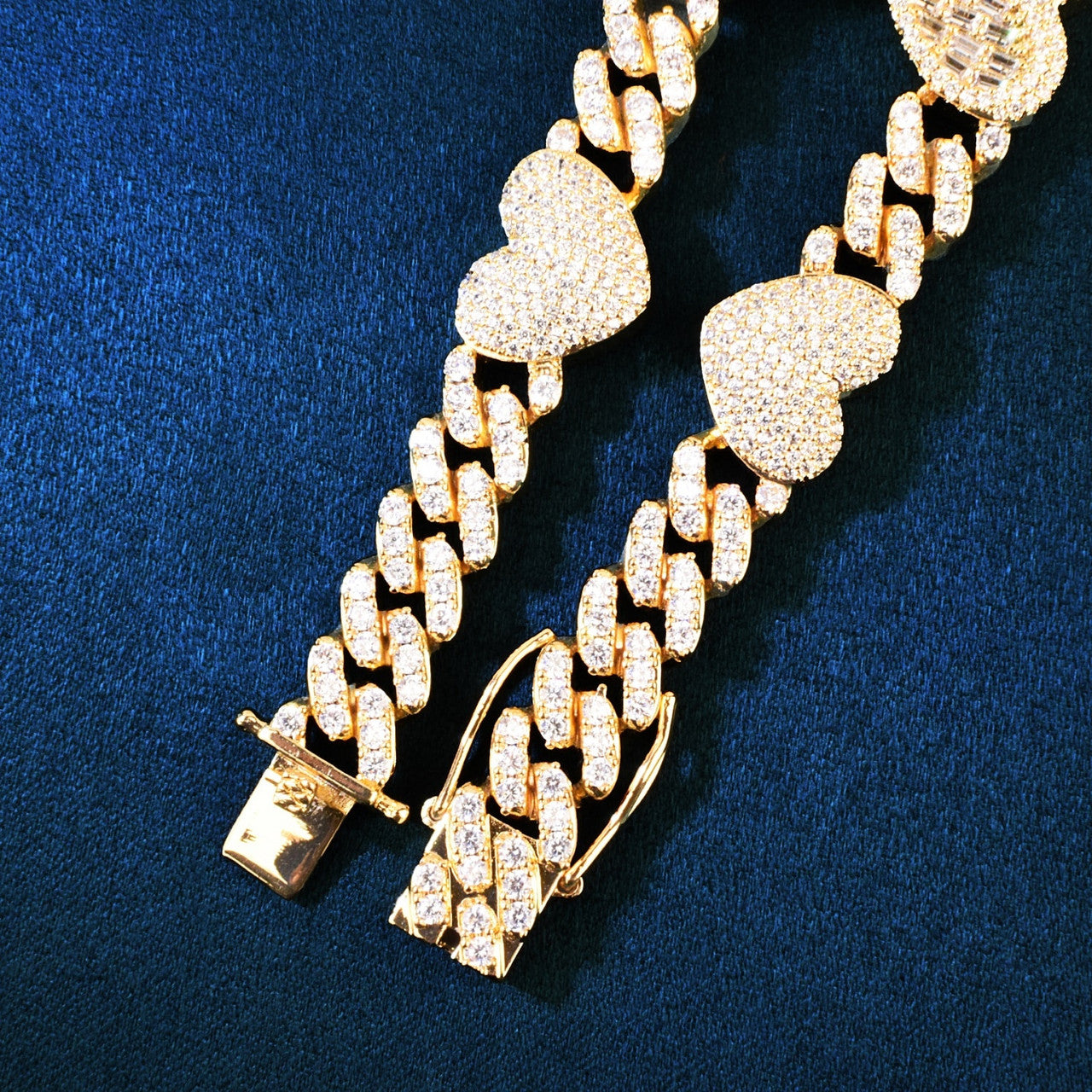 9mm Flooded Ice Baguette Pave Stone Gold Silver Rose Double Heart Chain Necklace