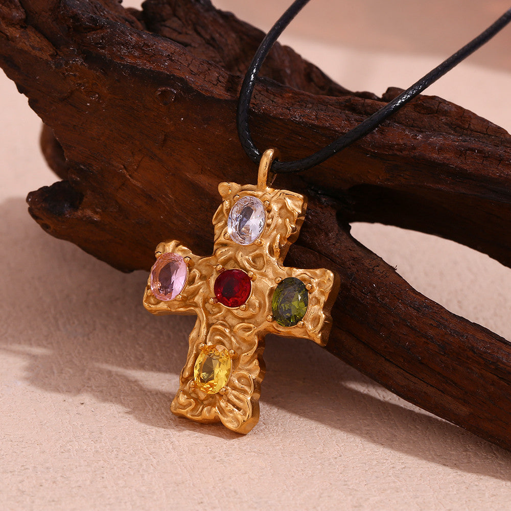 Designer Pattern Colorful Gemstone CZ 18k Gold Stainless Steel Cross Pendant Necklace