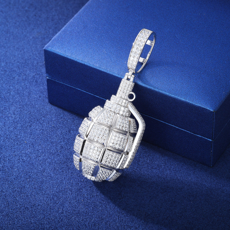 Fire In The Hole | Solid 925 Silver Iced Blinged Out Moissanite Retro Grenade Hip Hop Pendant