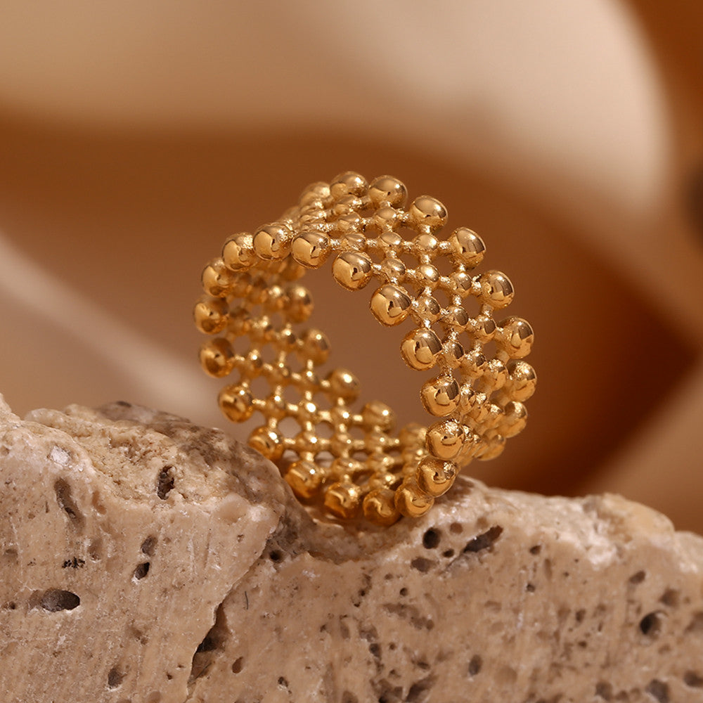 18k Gold Waterproof Small Ball Mesh Faced Stainless Steel Ring