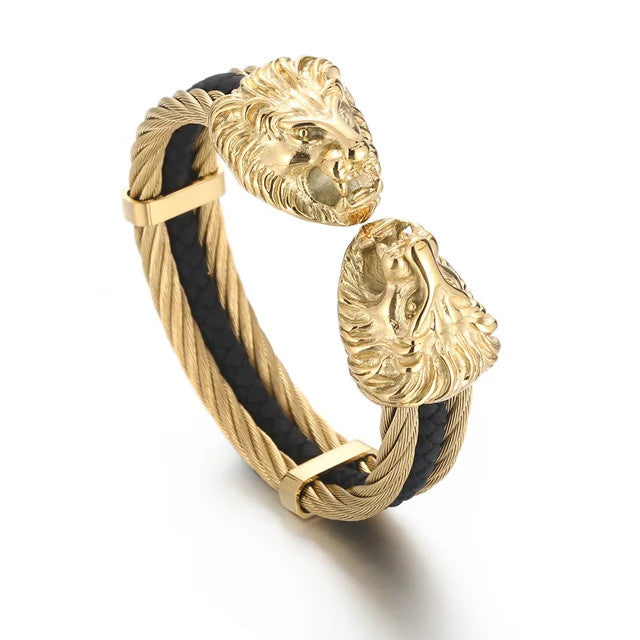 Lionheart | Triple Twisted Cable Lion Head Bangle Bracelet