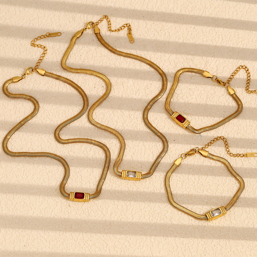 Women's 18k Gold Stainless Steel Waterproof Classic White/Red CZ Necklace Bracelet Set