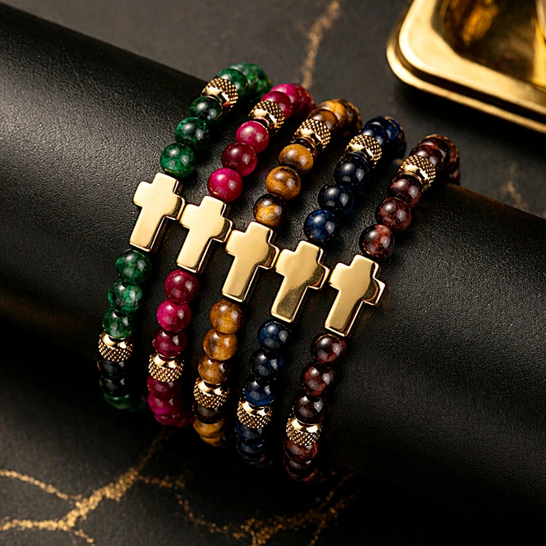 Daily Prayer | 316 Stainless Steel Polished Cross Tiger's Eye Stone Bead Luxury Bracelet