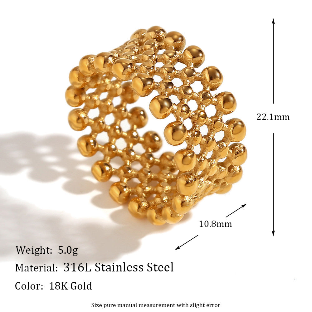 18k Gold Waterproof Small Ball Mesh Faced Stainless Steel Ring
