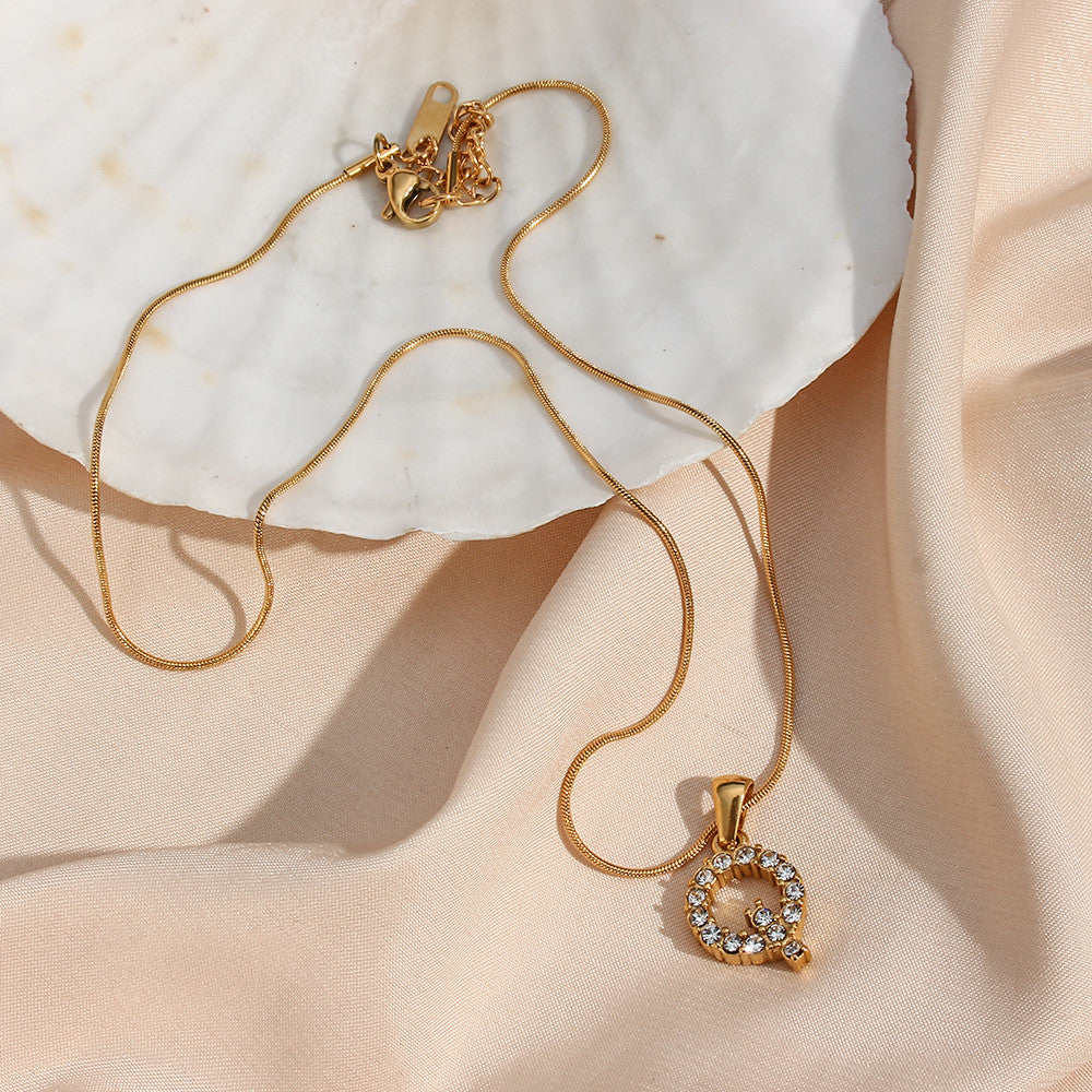 18k Gold Stainless Steel Thin Snake Chain 3A Zircon Stone Paved Initial Necklace