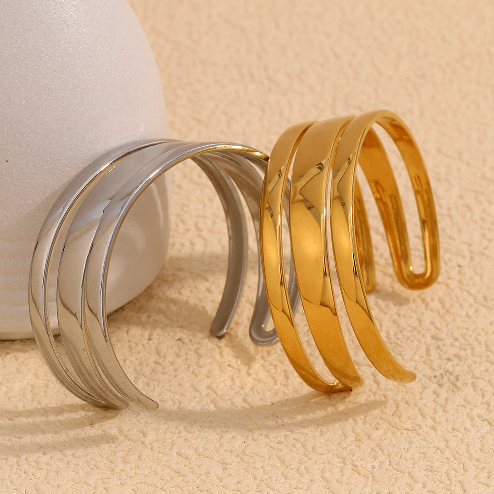 Ladies 18k Gold Stainless Steel Waterproof Wide Face Three Layer Bracelet