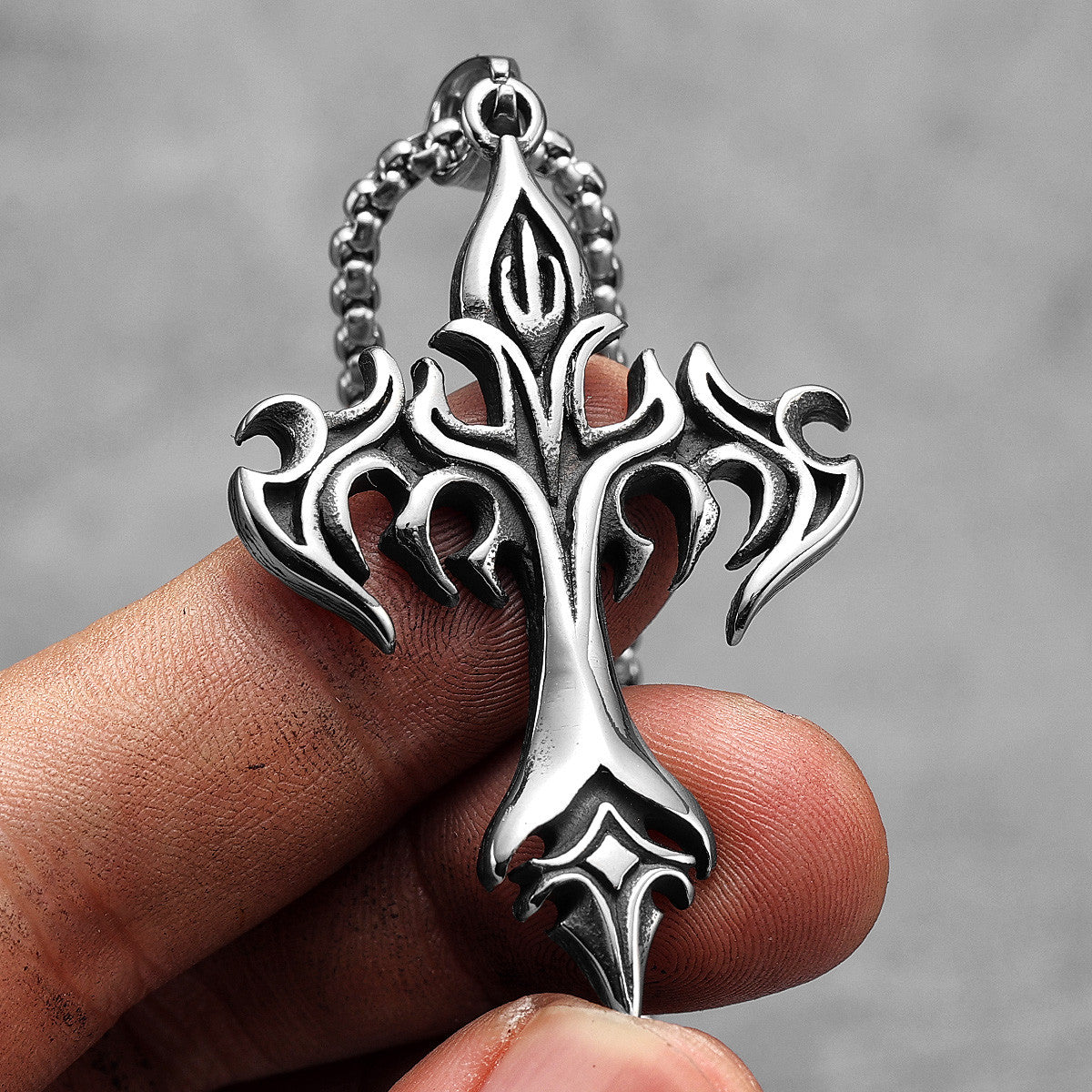 Mens Street Wear Fire Vulcan Cross No Fade Stainless Steel Pendant Chain Necklace