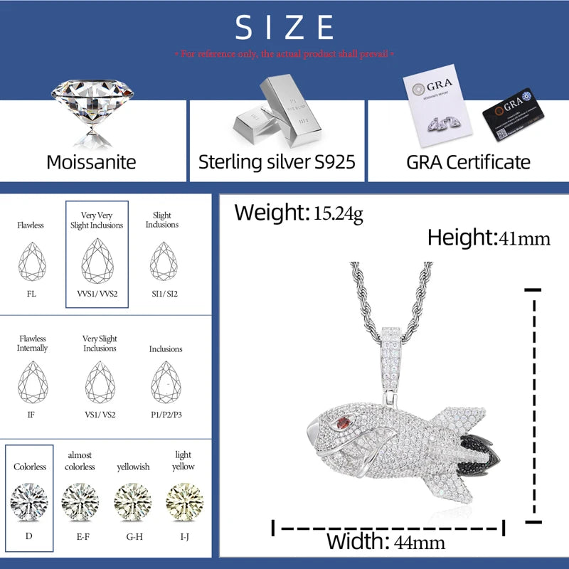 Missile Shark | 925 Sterling Silver Moissanite Hip Hop Shark Missile Hip Hop Pendant