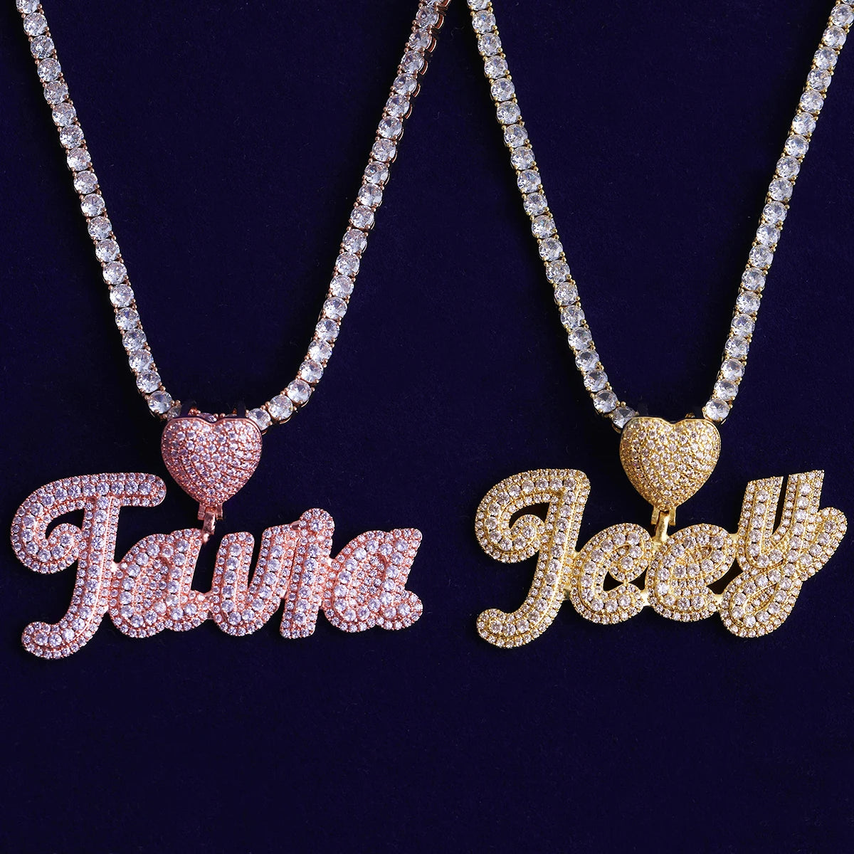 Heart Bail | VVS Diamond CZ Cluster Stone 24k 925 Silver Rose Gold Script Name Plate Pendant