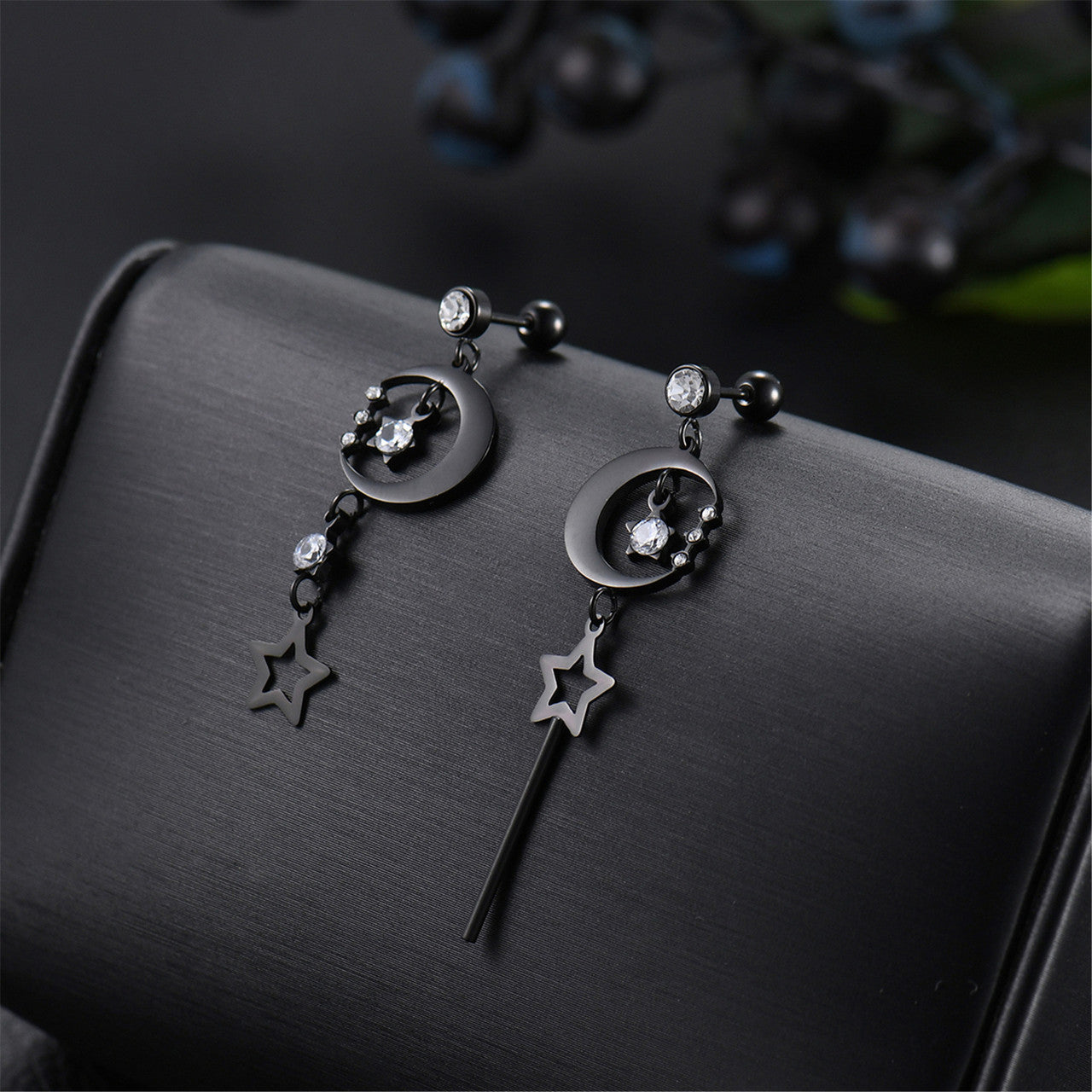 Stainless Steel Moon Star Dangling 14k Gold Silver Bling Earrings