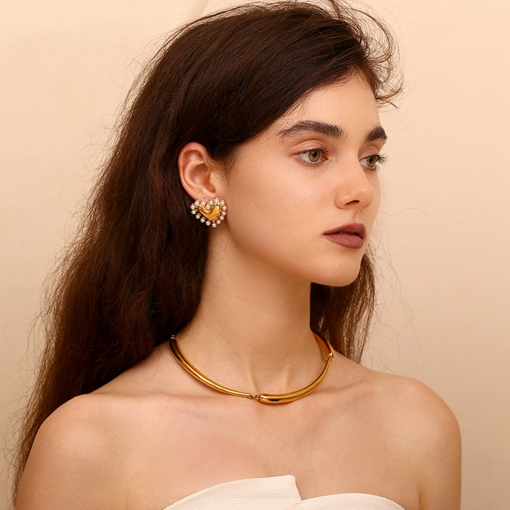 18k Gold Stainless Steel Whirlpool Pentagonal Star Shell Hollow Pearl Earrings