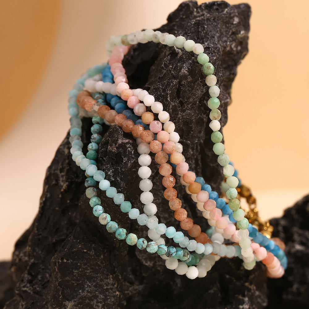 Stainless Steel Colorful Natural Stone Amazonite Round Beads 18k Gold Bracelets