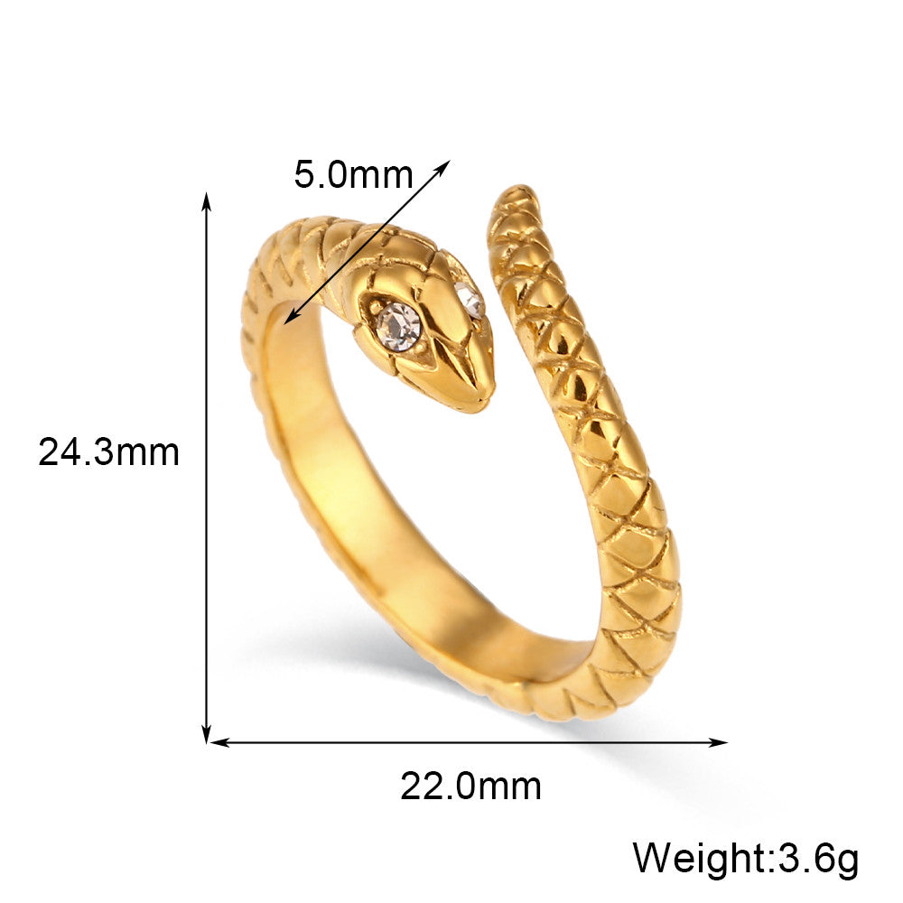 No Fade Waterproof Hypoallergenic 18k Gold Over Solid Stainless Steel Crystal Eye Snake Rings