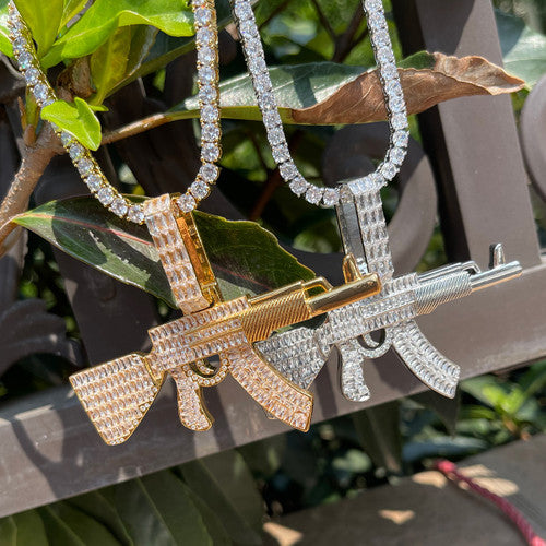 Choppa | Mens Ice Baguette AK 47 Hip Hop 24k Gold Silver Pendant