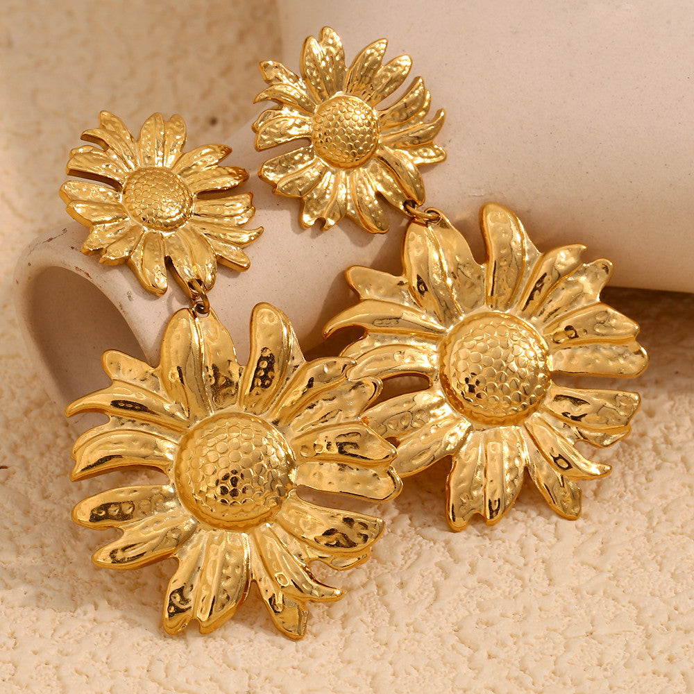 18k Gold Stainless Steel Exaggerated Sunflower Drop Bling Waterproof Earrings