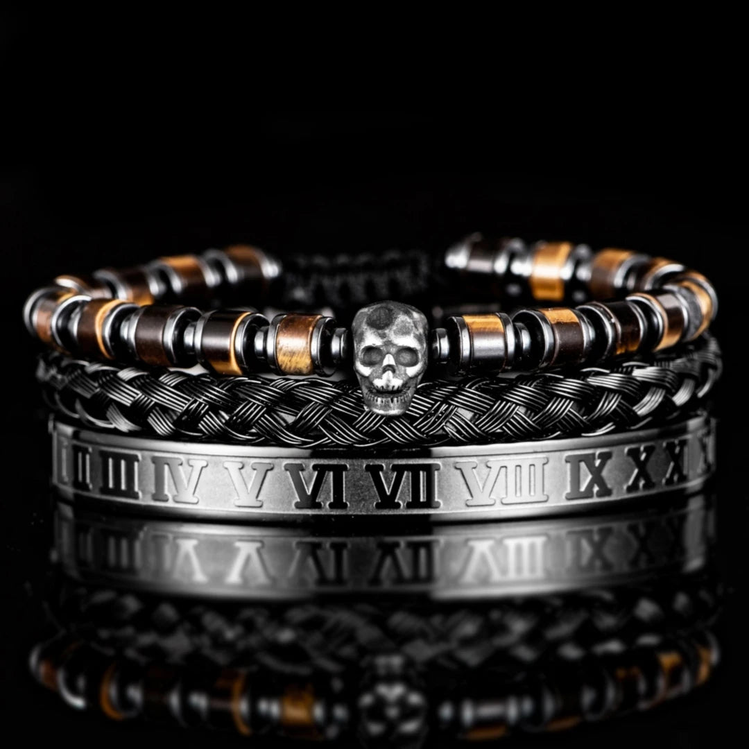 Skull Fire | Luxury 3pcs/set Men's Natural Stone Beads Hip Hop Bracelet Set