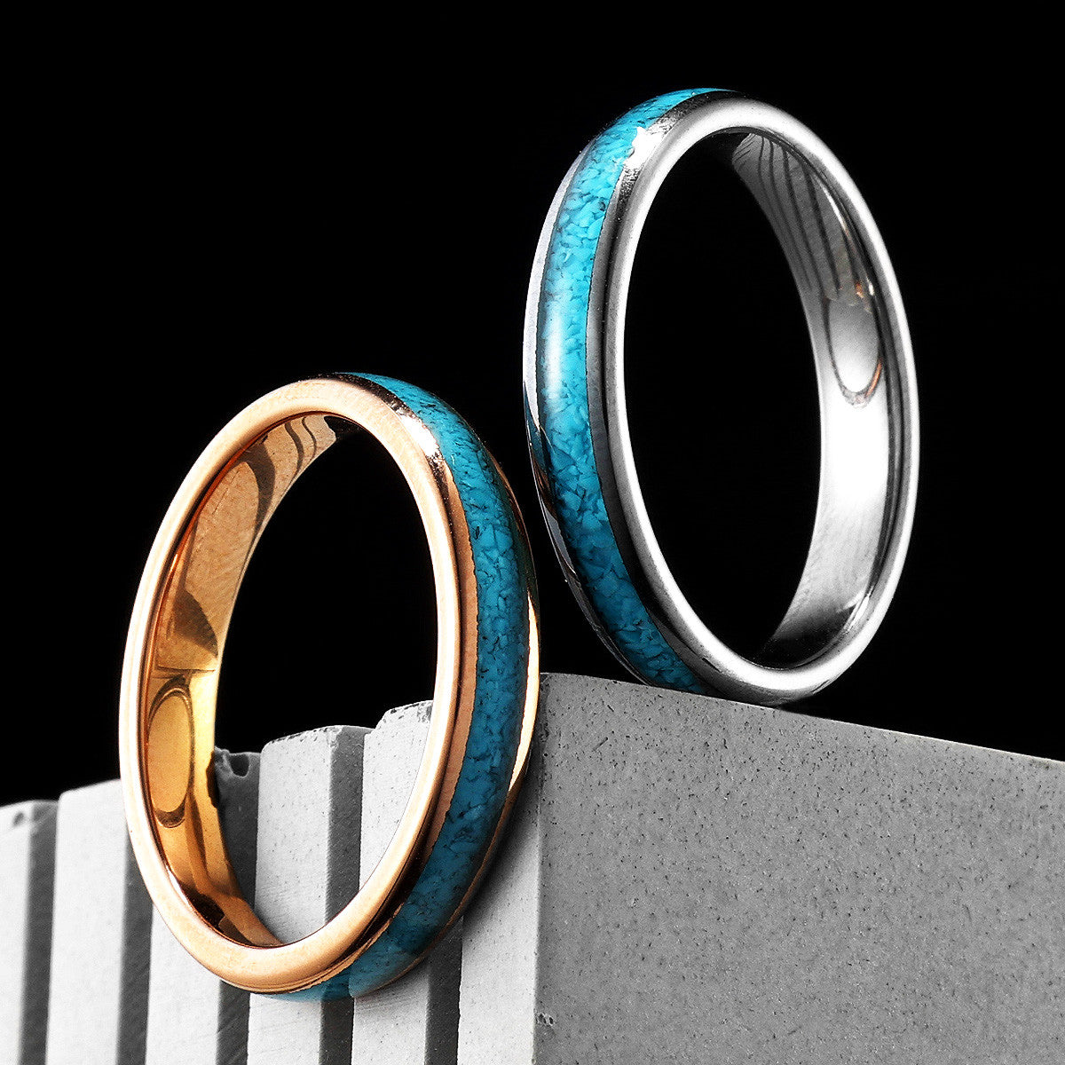 Ocean | 14k Gold Turquoise Tungsten Steel Lovers Couples Rings