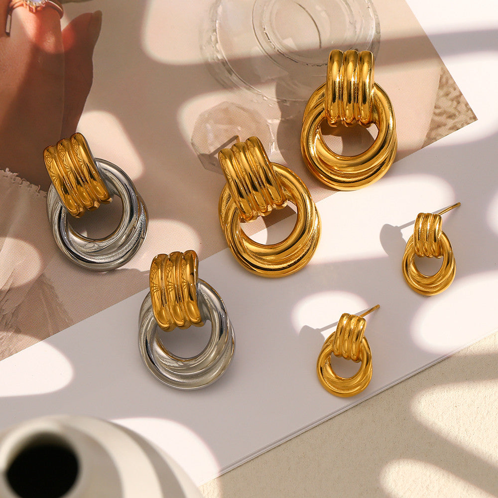 Ladies Classic Line Cross Circle Stud 18k Gold Tarnish Free Stainless Steel Earrings